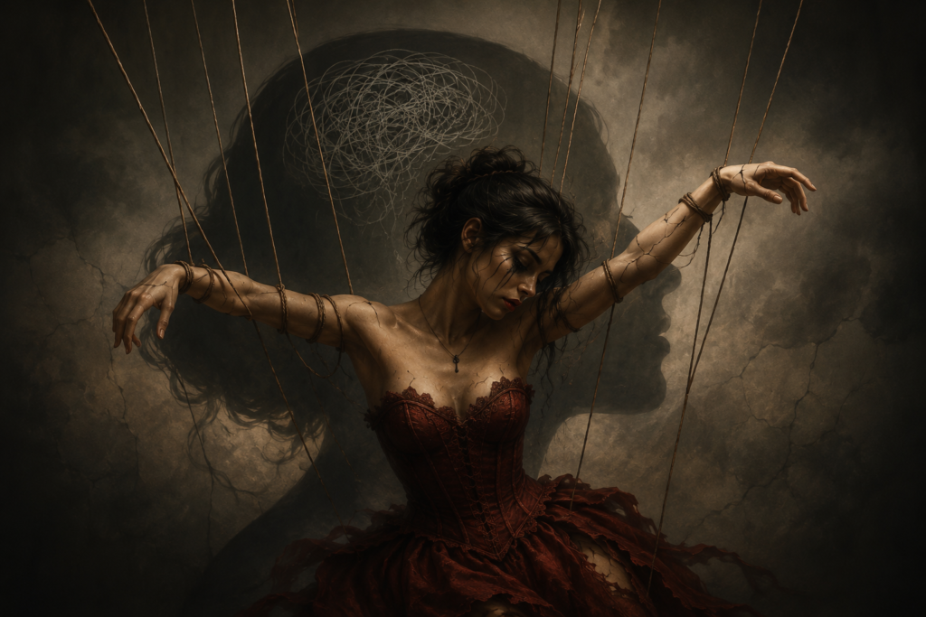 Woman portrayed as a marionette with tangled thoughts above her head, symbolizing trauma, anxiety, masking, and the feeling of losing control.