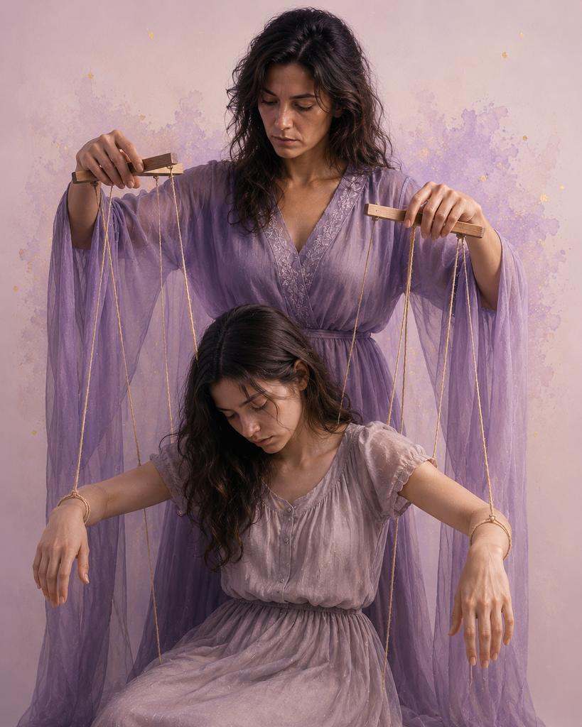 Mujer representada como una marioneta controlada por otra figura, símbolo del trauma complejo, la manipulación y la pérdida de autonomía.