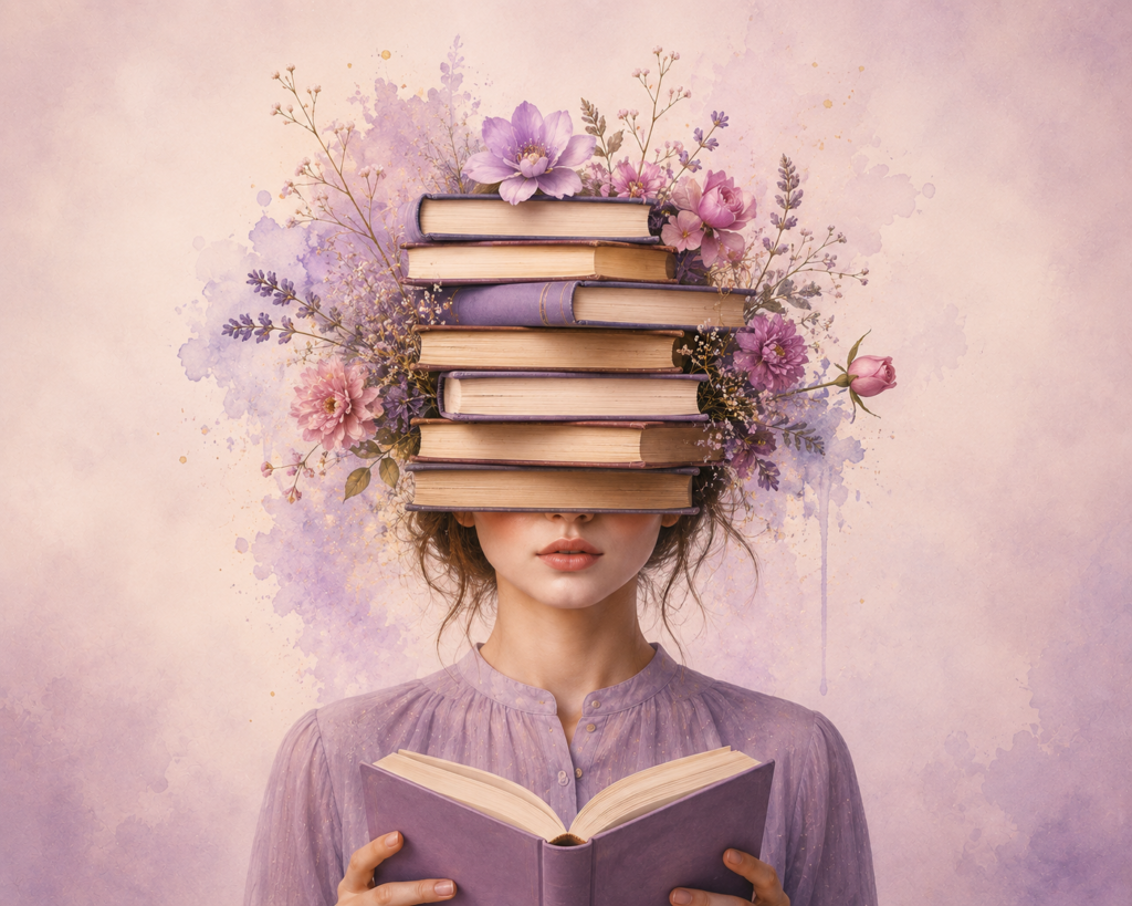 Mujer leyendo con libros cubriendo sus ojos, representación de la neurodivergencia, el TDAH y el proceso de autoconocimiento.