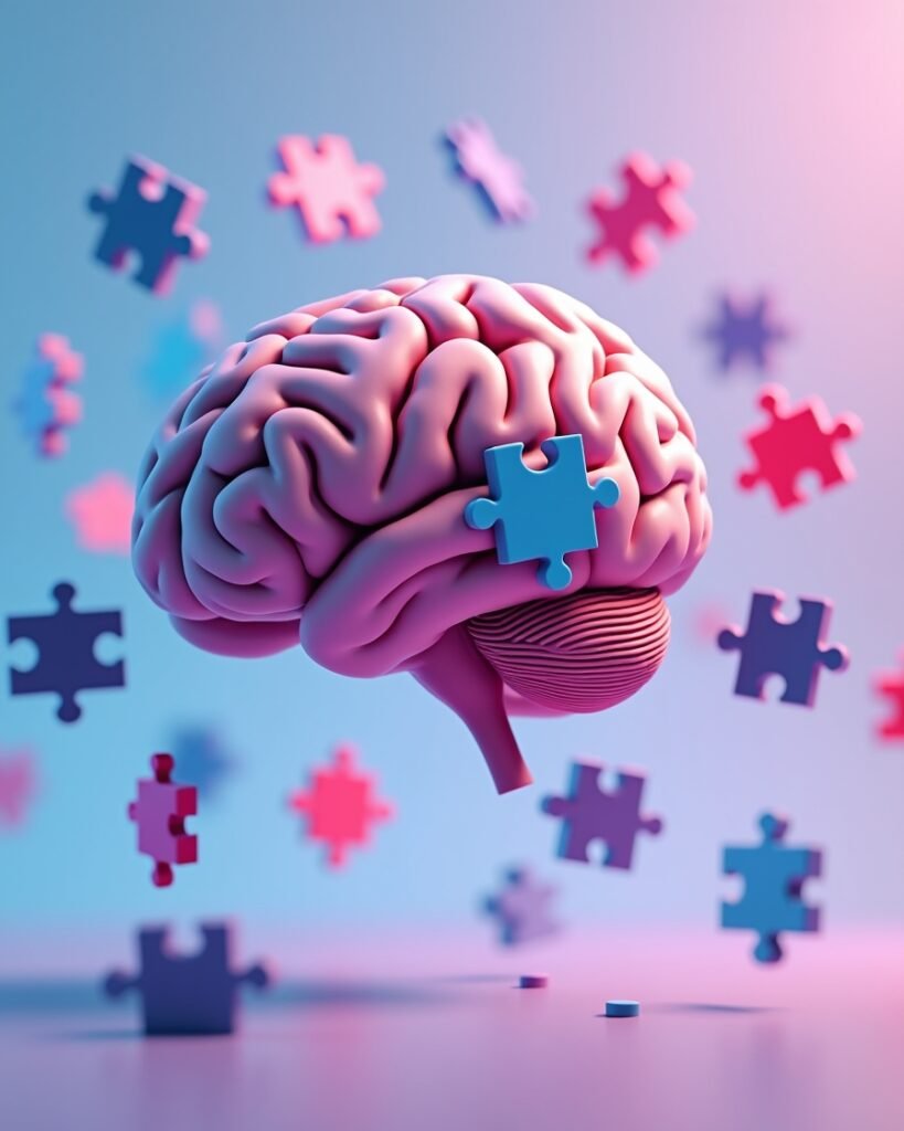 Neurodivergencia y trauma representados a través de un cerebro rodeado de piezas de rompecabezas.